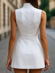 FJØRNA golden satin sheath dress with high collar, fitted design, and elegant gold buttons for a sophisticated look.