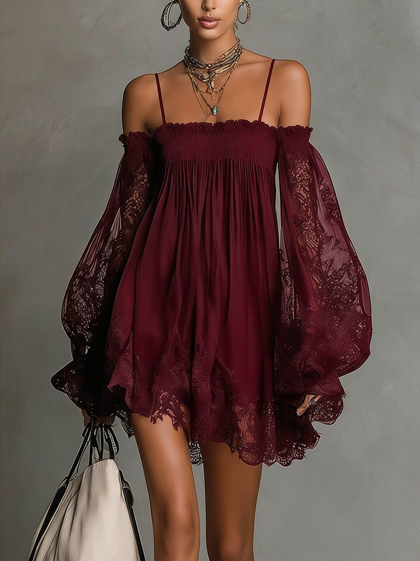 FJØRNA elegant mini dress for women with off-shoulder design and pleated details, perfect for stylish occasions.