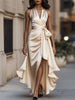 FJØRNA Midnight Elegance satin halter ruffle gown, formal dress with flowing fabric and ruffled details, suitable for evening events.