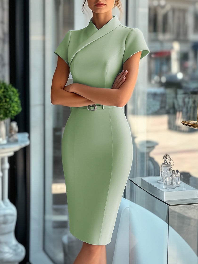 FJØRNA sky blue asymmetrical dress with belt, stylish women's dress featuring a modern design and elegant fit.