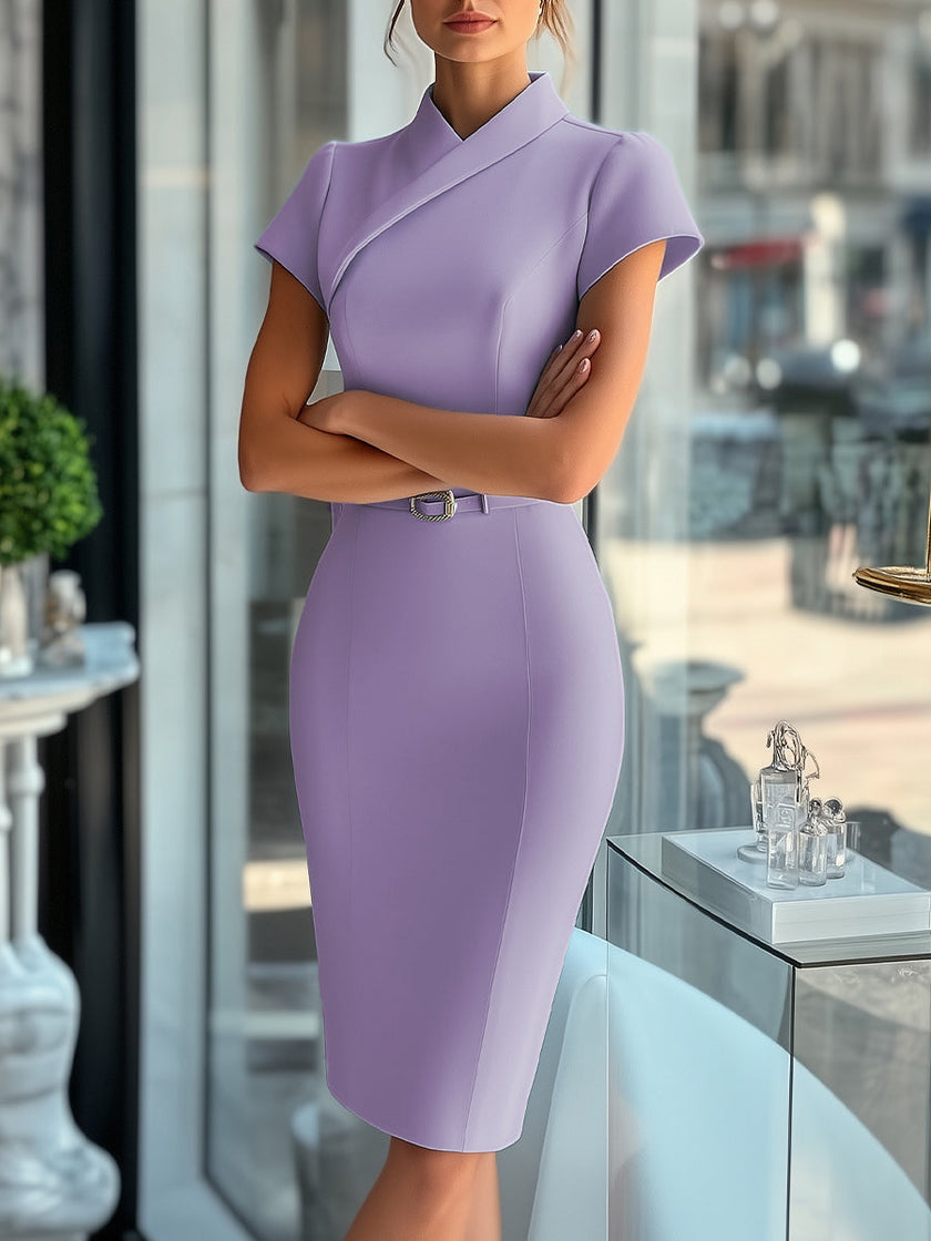 FJØRNA sky blue asymmetrical dress for women with a belt, featuring a sleek and modern design perfect for stylish occasions.