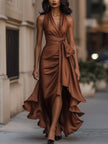 FJØRNA Midnight Elegance satin halter ruffle gown showcasing a flowing satin dress with ruffle details and halter neckline.