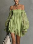 Elegant FJØRNA women's mini dress with off-shoulder design and pleated details, perfect for stylish occasions.