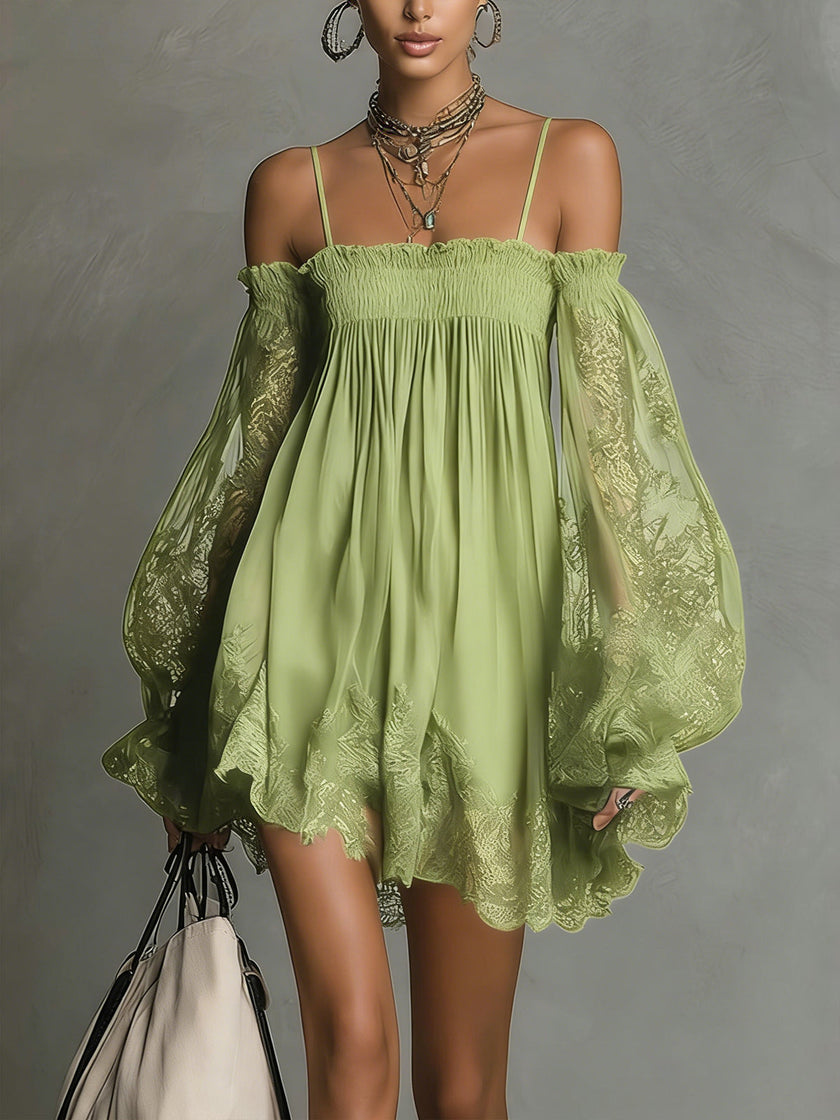 Elegant FJØRNA women's mini dress with off-shoulder design and pleated details, perfect for stylish occasions.