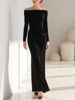 FJØRNA off-shoulder velvet mermaid gown for women, elegant velvet dress with fitted silhouette and off-shoulder neckline.
