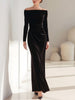 FJØRNA off-shoulder velvet mermaid gown for women, elegant velvet dress with fitted silhouette and off-shoulder neckline.