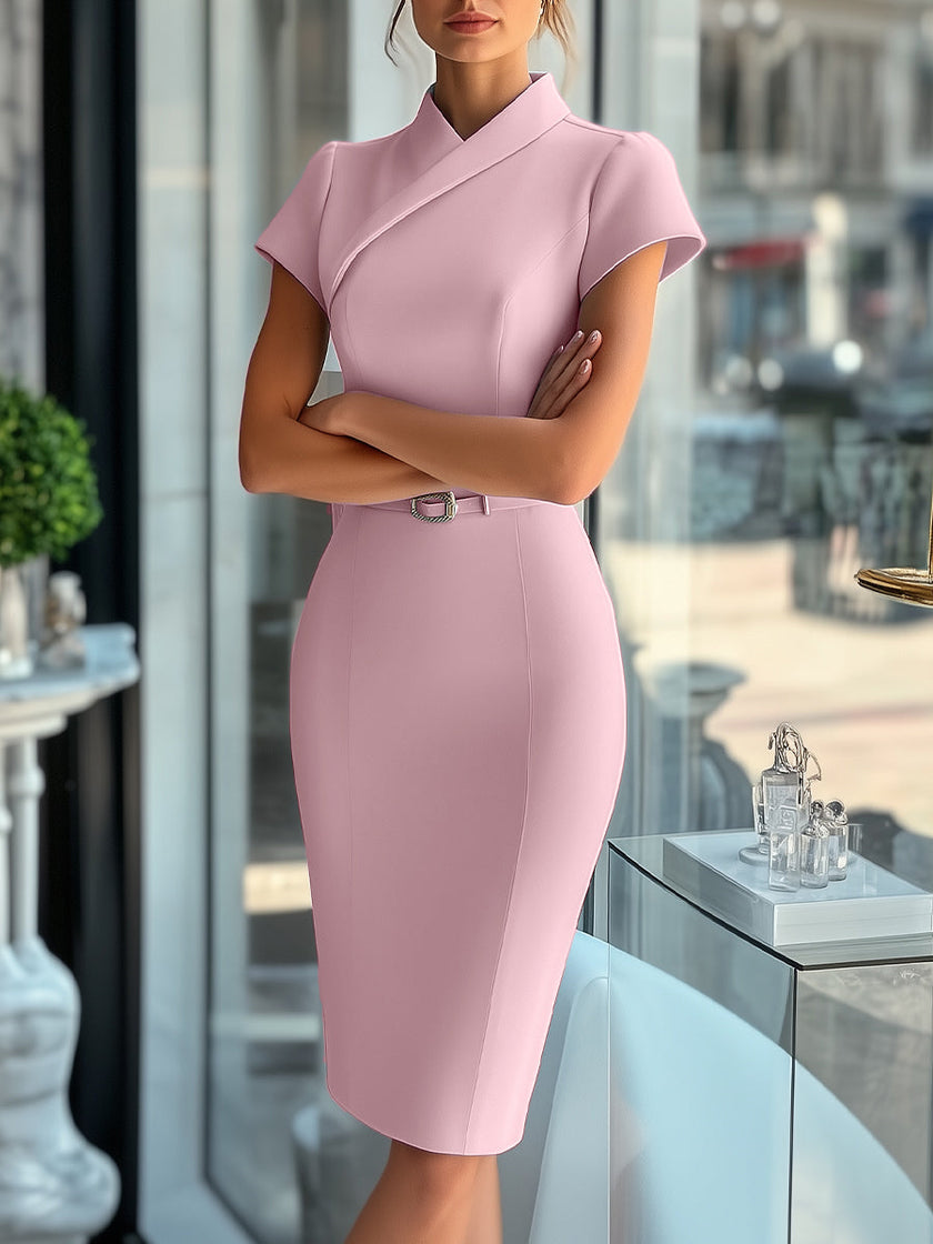 FJØRNA sky blue asymmetrical dress with belt for women, featuring a sleek design and stylish fit.