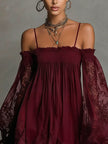 FJØRNA women's off-shoulder pleated mini dress, elegant and stylish, shown on a model with a fitted silhouette and flowing fabric.
