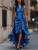 FJØRNA Midnight Elegance satin halter ruffle gown with flowing design and ruffled details, perfect for formal occasions.