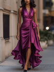 FJØRNA Midnight Elegance satin halter ruffle gown, floor-length dress with flowing ruffle details and sleek satin fabric.