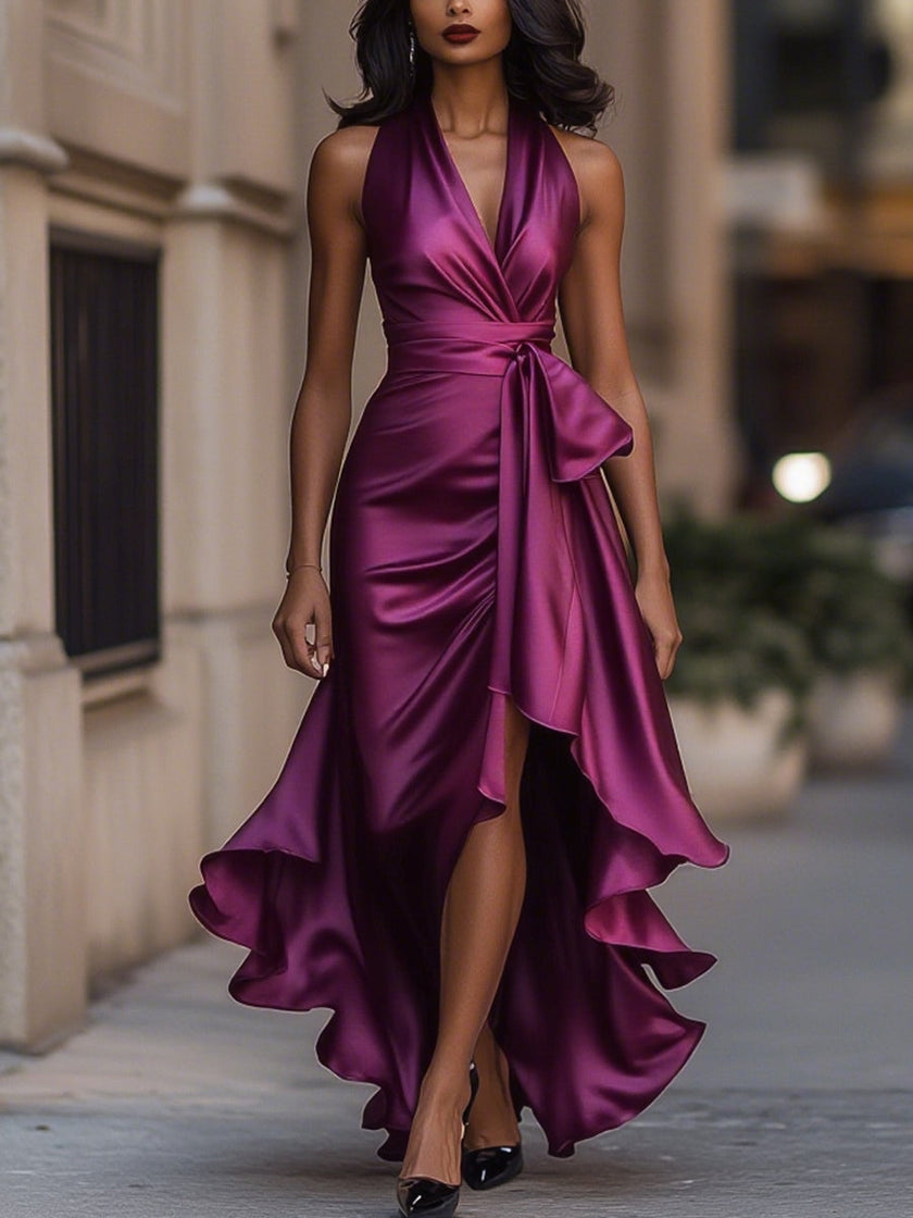 FJØRNA Midnight Elegance satin halter ruffle gown, floor-length dress with flowing ruffle details and sleek satin fabric.