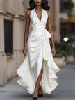FJØRNA Midnight Elegance satin halter ruffle gown, front view showing smooth satin fabric and flowing ruffle details.