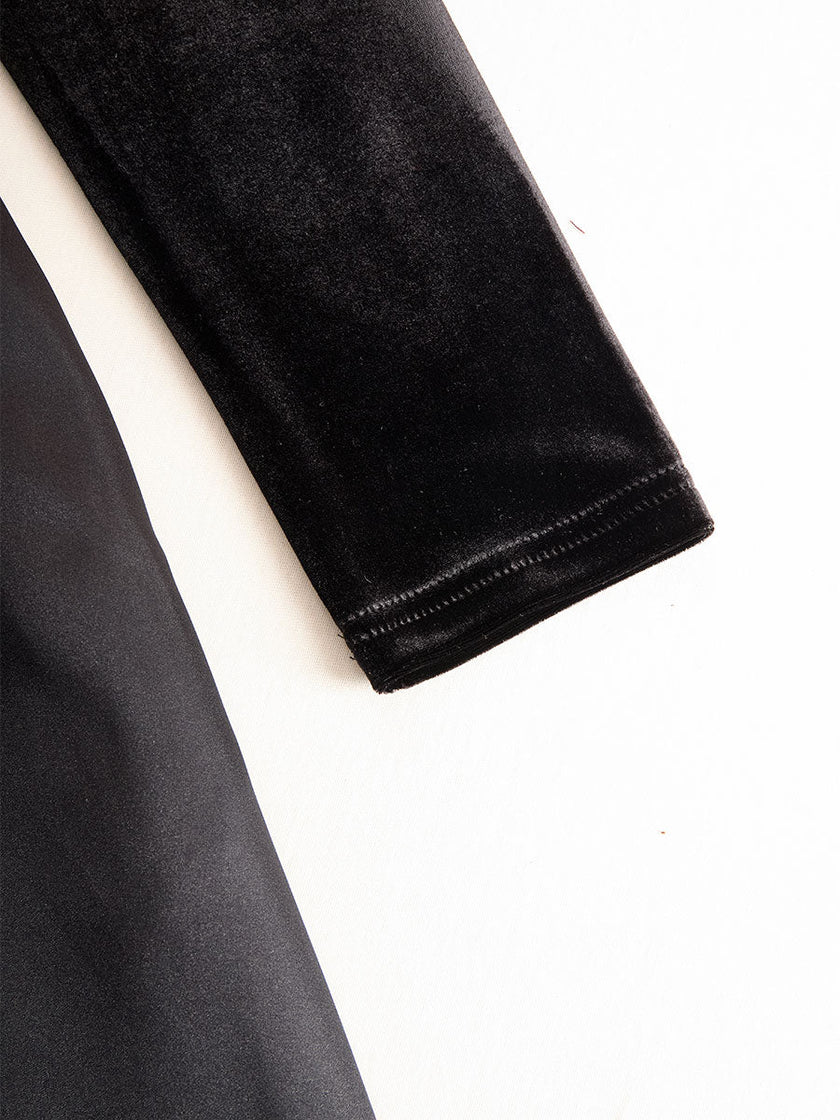 FJØRNA elegant black velvet and satin midi dress for women, featuring a sleek, sophisticated design perfect for formal occasions.