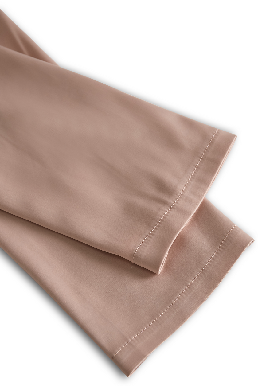 FJØRNA champagne satin mini dress with square neckline and long sleeves, elegant and stylish for special occasions.