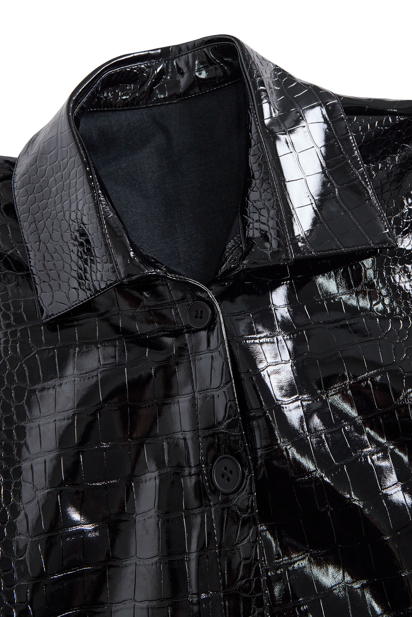 Black embossed Crocodile texture sleeveless women's top by FJØRNA featuring glossy finish and stylish design.