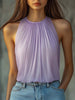 Lilac pleated halter neck chiffon tank blouse for women by FJØRNA, featuring a stylish design with pleats and a halter neckline.