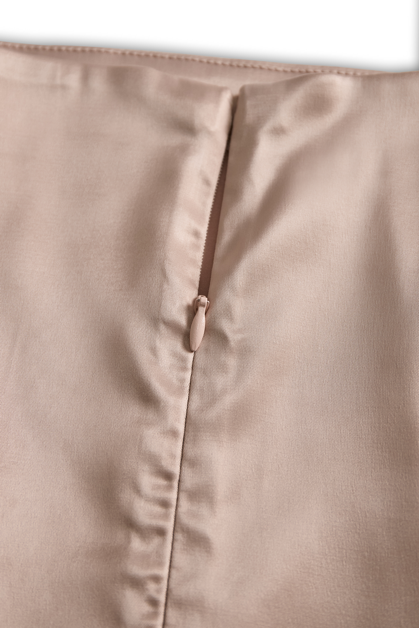 FJØRNA champagne satin mini dress with square neckline and long sleeves, stylish and elegant for special occasions.
