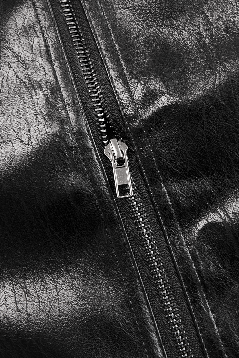 Black vintage faux leather jacket with stand collar from FJØRNA, featuring a classic design and textured material.