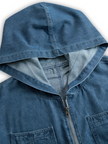 FJØRNA casual loose retro denim jumpsuit with long sleeves, hood, zipper, and front pockets, styled for a relaxed look.