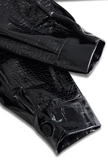 Black embossed crocodile texture sleeveless women's top by FJØRNA, glossy finish with a sleek, modern design.