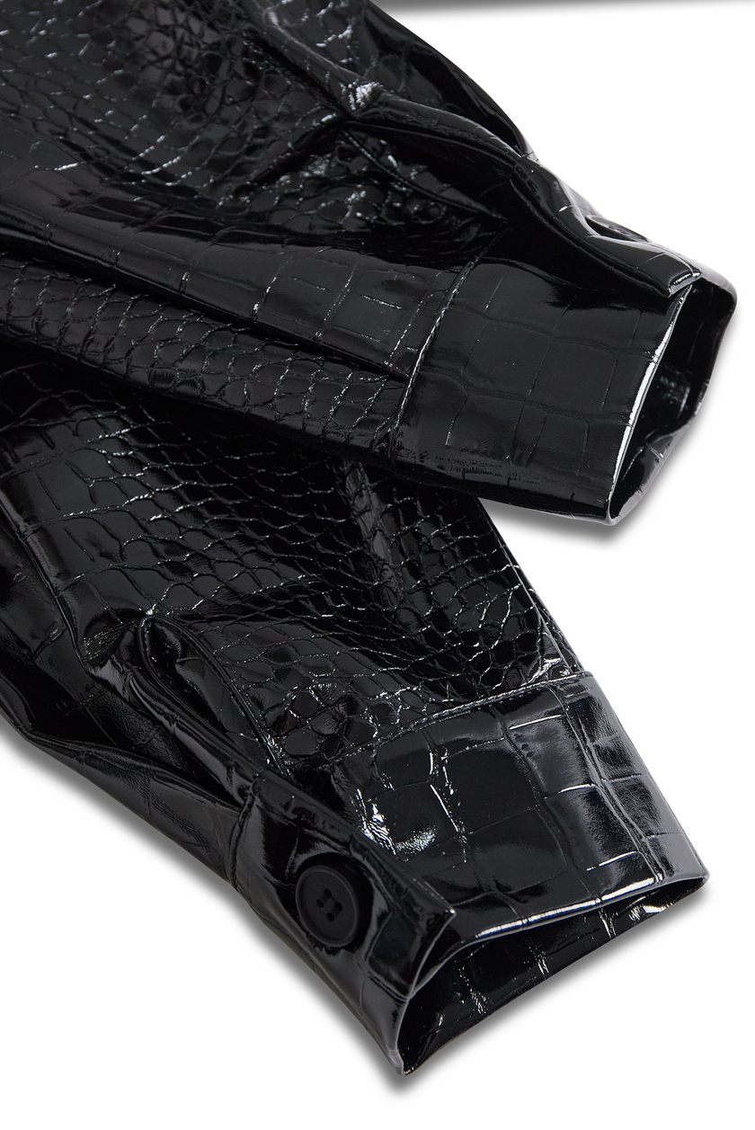 Black embossed crocodile texture sleeveless women's top by FJØRNA, glossy finish with a sleek, modern design.