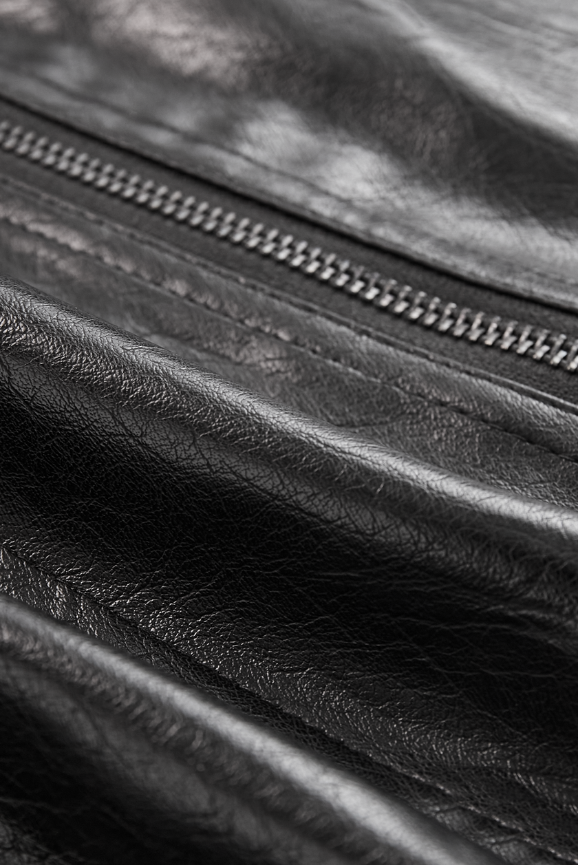 FJØRNA black vintage faux leather jacket with stand collar, stylish and classic outerwear for a timeless look