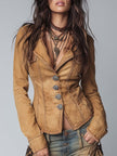 FJØRNA camel washed slim-fit denim jacket for women, showing front view with classic collar and button closure.