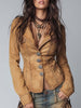 FJØRNA camel washed slim-fit denim jacket for women, showing front view with classic collar and button closure.