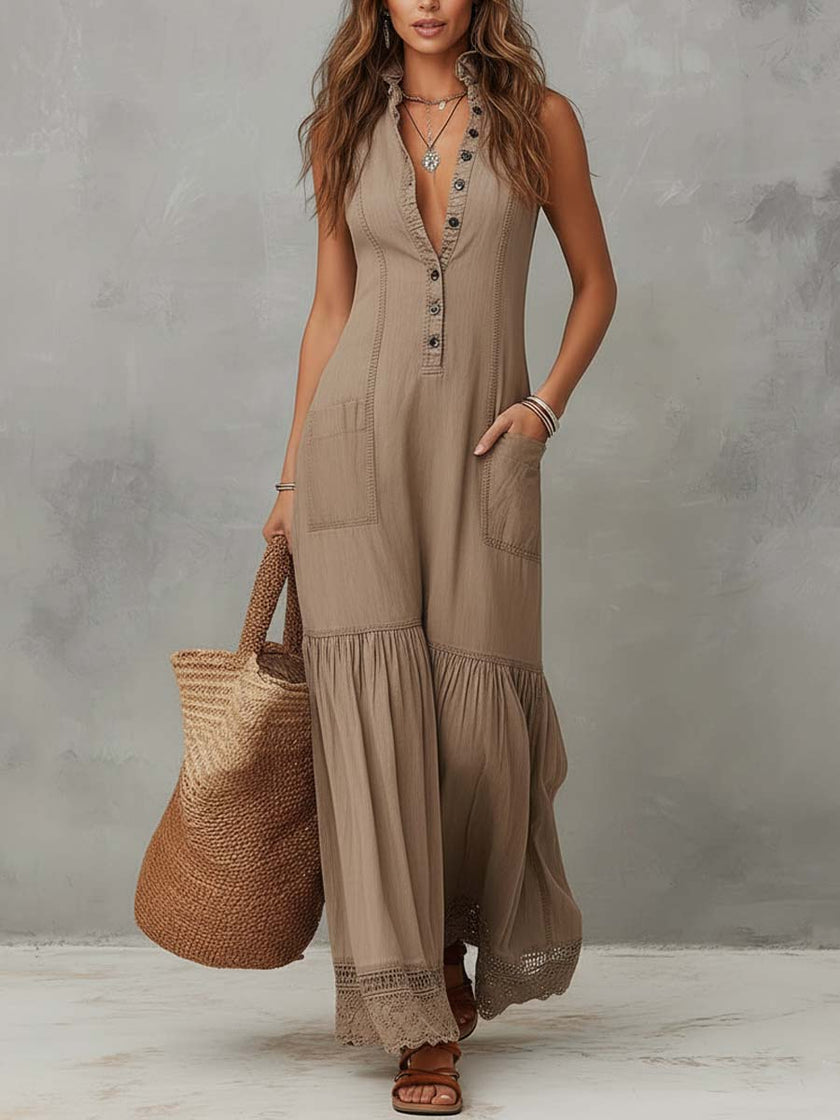 Khaki Cotton Sleeveless Maxi Dress For Women