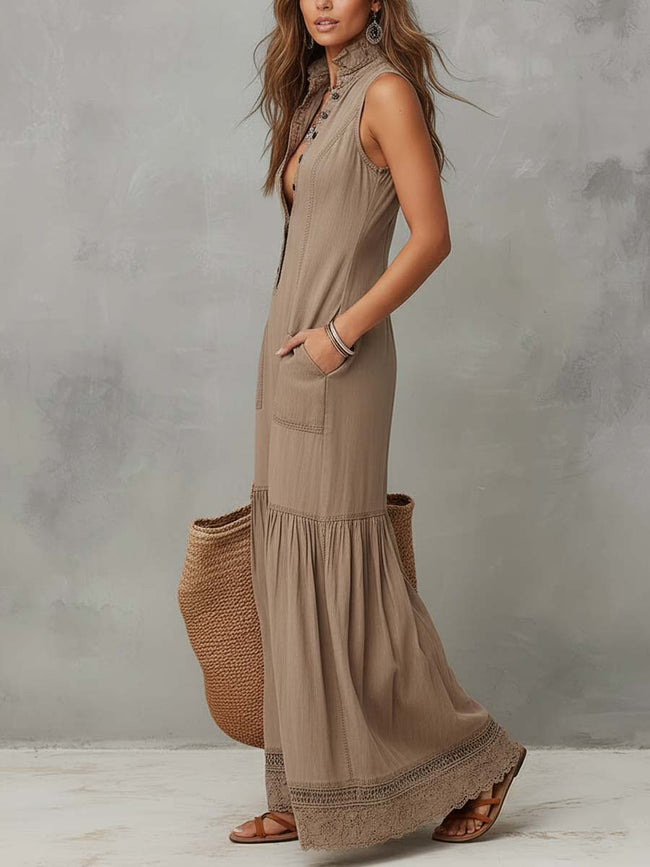 Khaki cotton sleeveless maxi dress for women by FJØRNA, flowing design with a relaxed fit and sleeveless style.