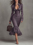 Dusty mauve lace ruched midi dress by FJØRNA featuring elegant evening dress design with lace details and fitted silhouette.
