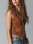 FJØRNA caramel washed denim button-up waistcoat vest, styled as a tank top, shown in natural fabric detail and fit.