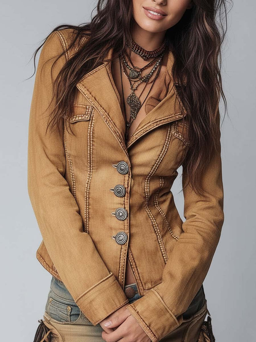 FJØRNA camel washed slim-fit denim jacket for women, showing front view with classic collar and button details