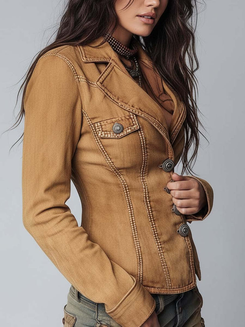 Camel washed slim-fit denim jacket for women by FJØRNA, showing front view with classic collar and button closure.