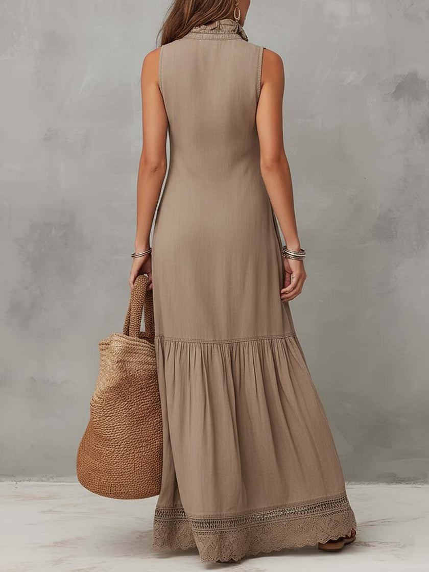 Khaki Cotton Sleeveless Maxi Dress For Women