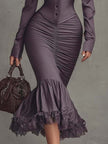 Dusty mauve lace ruched midi dress by FJØRNA featuring elegant evening dress design with intricate lace details.
