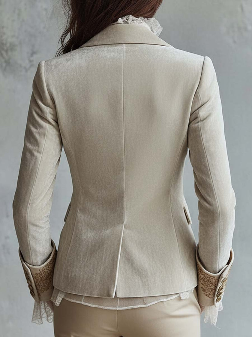 FJØRNA ivory embroidered velvet blazer with long sleeves and lace cuffs, stylish and elegant women’s outerwear.