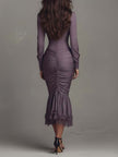 Dusty mauve lace ruched midi dress by FJØRNA featuring elegant evening dress design with lace details and ruched bodice.