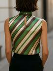 Green satin women's blouse with striped high neck, sleeveless top by FJØRNA, shown on a model.