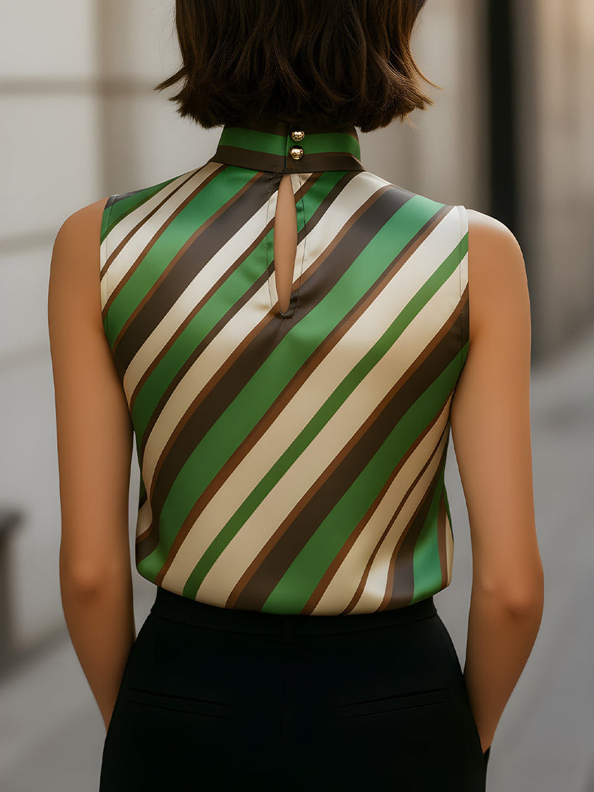 Green satin women's blouse with striped high neck, sleeveless top by FJØRNA, shown on a model.