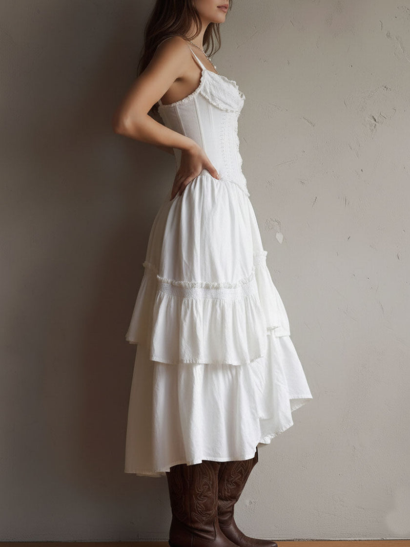 White lace midi dress by FJØRNA, featuring a casual style with intricate lace details and a flattering midi length.