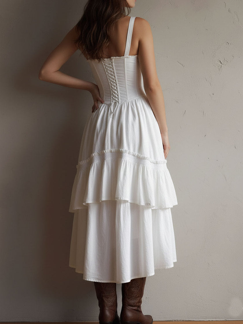 White lace midi dress by FJØRNA featuring delicate lace fabric and a classic midi length, perfect for casual or special occasions.