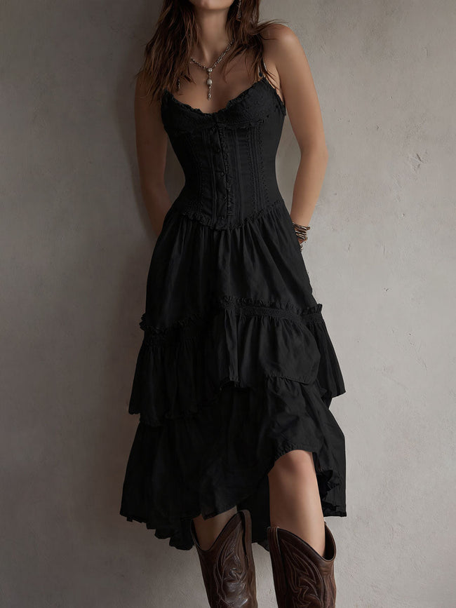 FJØRNA retro boho corset tiered midi dress with lace trim, featuring a fitted corset top and flowing layered skirt.