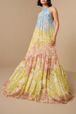 Elegant paisley print braided halter maxi dress for women by FJØRNA, featuring a flowy silhouette and stylish design.