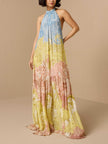 Elegant paisley print braided halter maxi dress for women by FJØRNA, featuring a flowing design and intricate pattern.