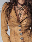 FJØRNA camel washed slim-fit denim jacket for women, shown on a model with a classic collar and button front.