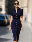 FJØRNA elegant short-sleeve button-front midi dress with a belt for women, displayed on a mannequin.