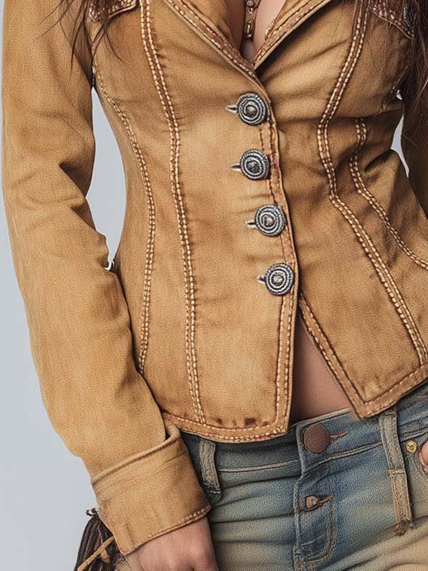 FJØRNA camel washed slim-fit denim jacket for women, featuring classic design and durable fabric, shown on model.