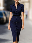 FJØRNA elegant short-sleeve button-front midi dress with belt, stylish women's dress in a sleek design and midi length.