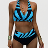 FJØRNA women's summer bikini with V-neck, bodycon fit, and striped pattern, perfect for beach or poolside wear.